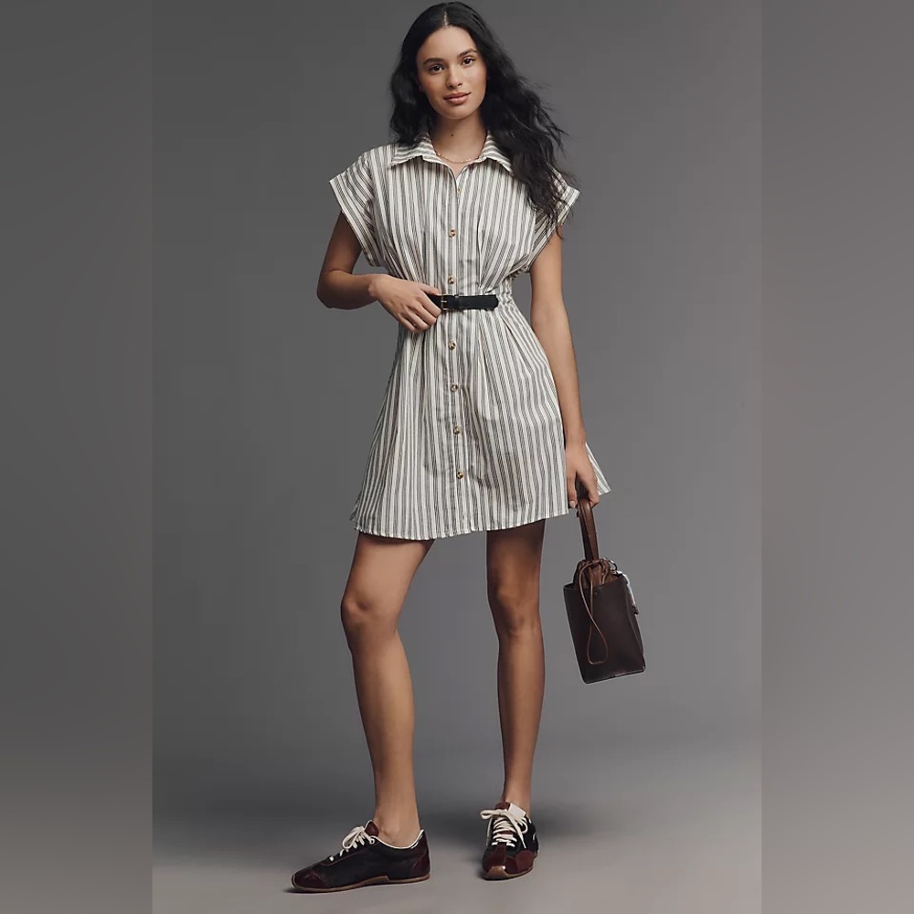 Maeve Faye Short Sleeve Belted Shirt Dress in White and Black Stripe Size 1X